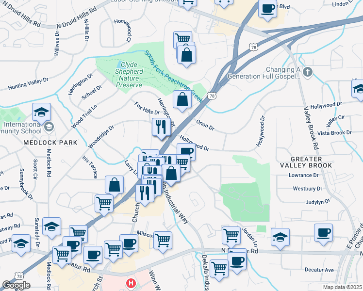 map of restaurants, bars, coffee shops, grocery stores, and more near 809 Jordan Lane in Decatur