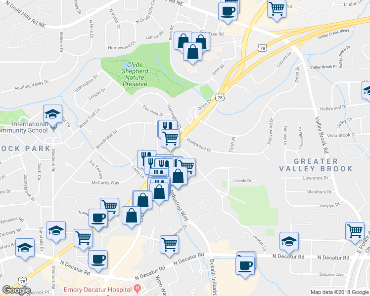 map of restaurants, bars, coffee shops, grocery stores, and more near 818 Jordan Lane in Decatur