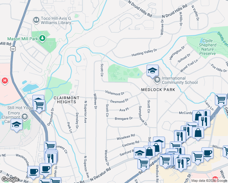 map of restaurants, bars, coffee shops, grocery stores, and more near 2293 Vistamont Drive in Decatur