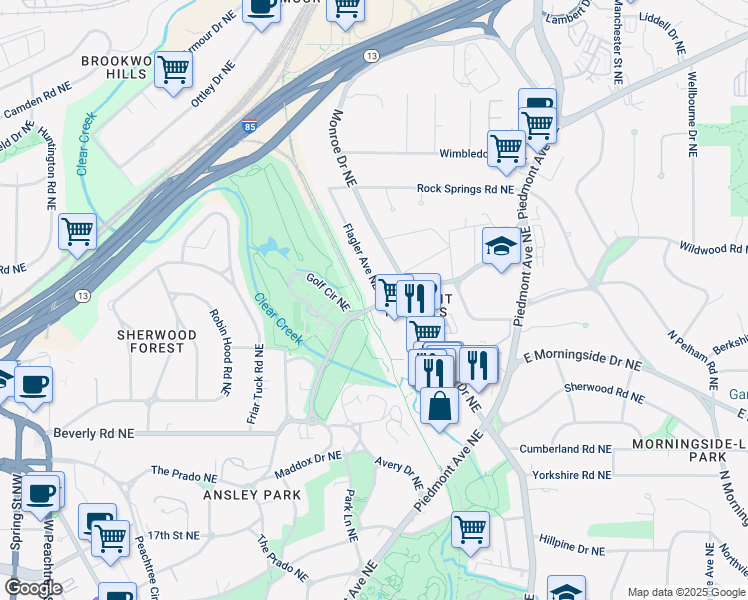 map of restaurants, bars, coffee shops, grocery stores, and more near 1720 Flagler Avenue Northeast in Atlanta