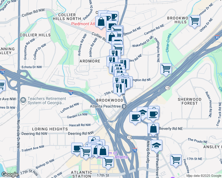 map of restaurants, bars, coffee shops, grocery stores, and more near 71 Standish Avenue Northwest in Atlanta