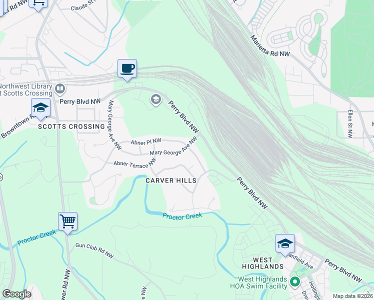 map of restaurants, bars, coffee shops, grocery stores, and more near 2164 Abner Place Northwest in Atlanta