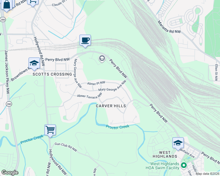 map of restaurants, bars, coffee shops, grocery stores, and more near 1558 Mary George Avenue Northwest in Atlanta