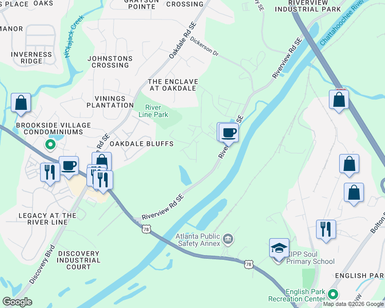 map of restaurants, bars, coffee shops, grocery stores, and more near 1648 Armstrong Place Southeast in Mableton