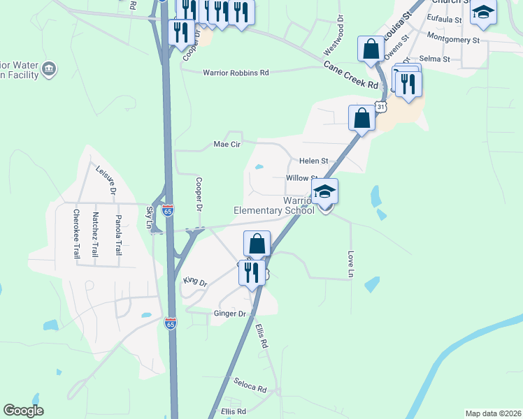 map of restaurants, bars, coffee shops, grocery stores, and more near 155 Dana Road in Warrior