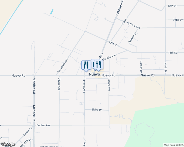 map of restaurants, bars, coffee shops, grocery stores, and more near 29580 Nuevo Road in Nuevo