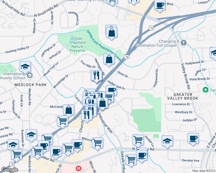 map of restaurants, bars, coffee shops, grocery stores, and more near 809 Jordan Lane in Decatur