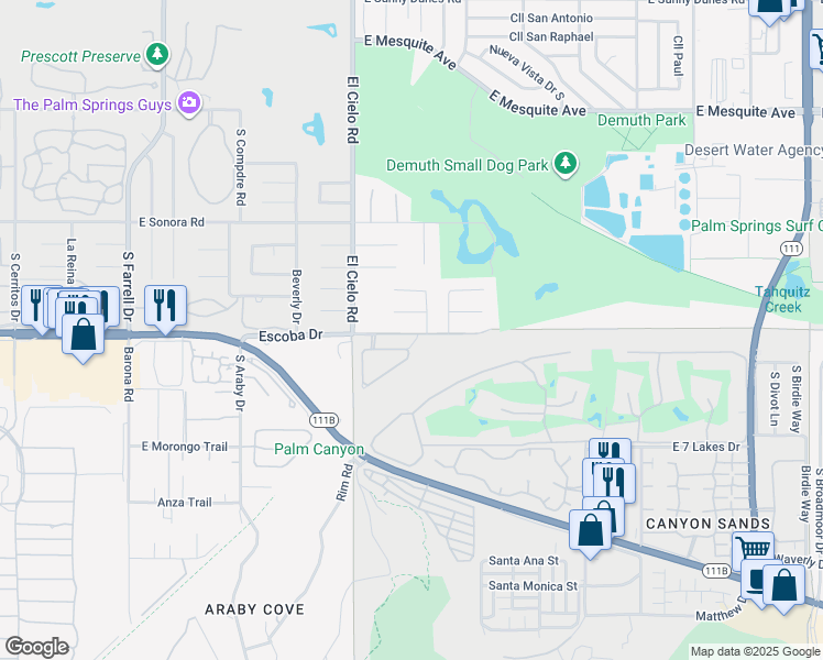 map of restaurants, bars, coffee shops, grocery stores, and more near 3576 Escoba Drive in Palm Springs