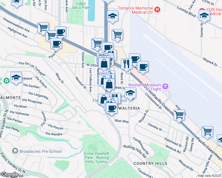 map of restaurants, bars, coffee shops, grocery stores, and more near 24421 Park Street in Torrance