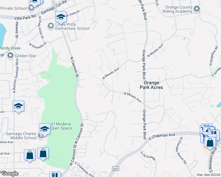 map of restaurants, bars, coffee shops, grocery stores, and more near 11082 North Meads Avenue in Orange