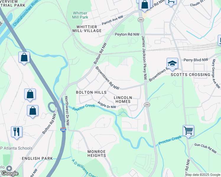 map of restaurants, bars, coffee shops, grocery stores, and more near 1685 Maldo Drive Northwest in Atlanta