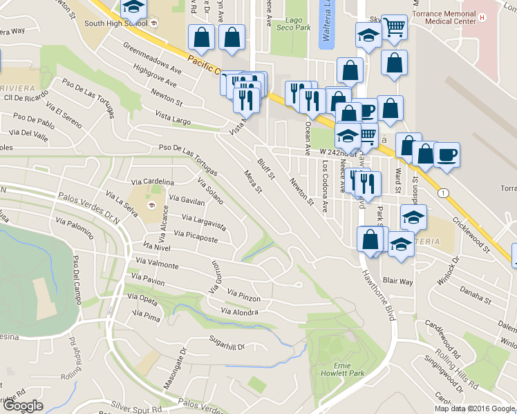 map of restaurants, bars, coffee shops, grocery stores, and more near 4101 Paseo De Las Tortugas in Torrance