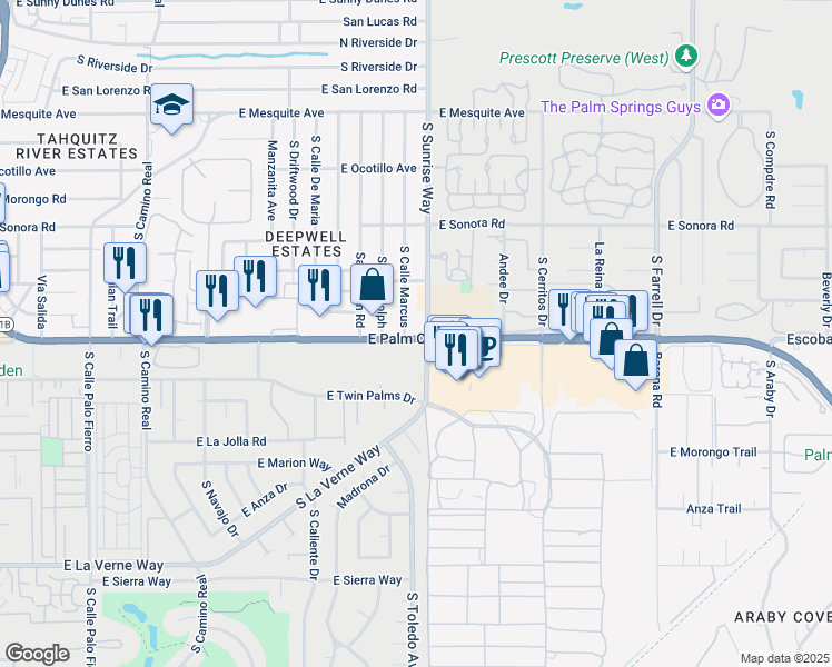 map of restaurants, bars, coffee shops, grocery stores, and more near 1675 East Palm Canyon Drive in Palm Springs