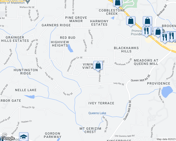map of restaurants, bars, coffee shops, grocery stores, and more near 318 Vinings Vintage Circle Southeast in Mableton