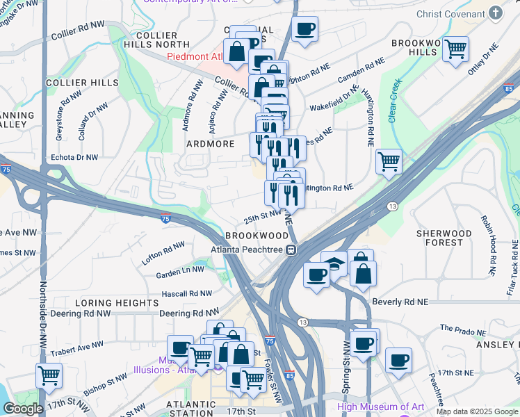 map of restaurants, bars, coffee shops, grocery stores, and more near 44 25th Street Northwest in Atlanta
