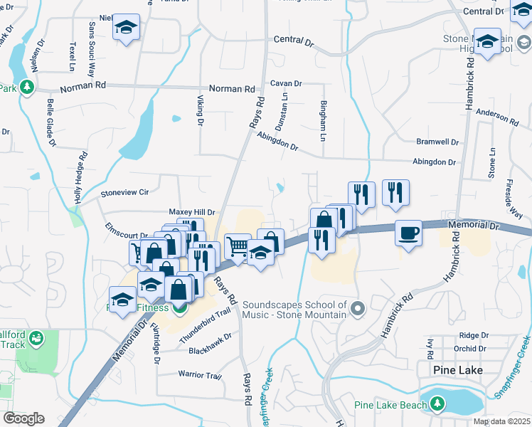 map of restaurants, bars, coffee shops, grocery stores, and more near 5400 Memorial Drive in Stone Mountain