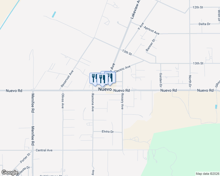 map of restaurants, bars, coffee shops, grocery stores, and more near Nuevo Road in Nuevo