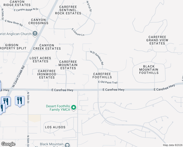 map of restaurants, bars, coffee shops, grocery stores, and more near 6116 East Los Reales Drive in Cave Creek