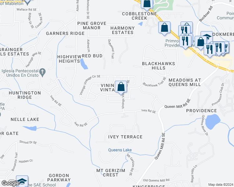 map of restaurants, bars, coffee shops, grocery stores, and more near 306 Vinings Vintage Circle in Mableton