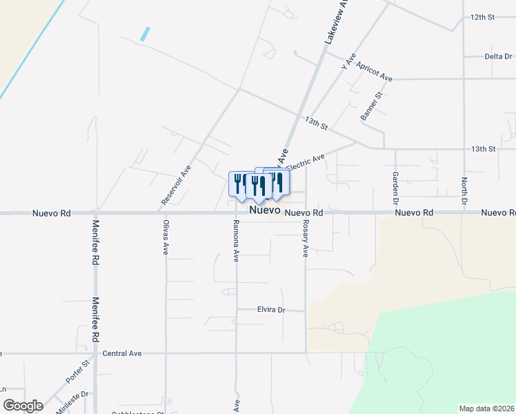 map of restaurants, bars, coffee shops, grocery stores, and more near 29580 Nuevo Road in Nuevo