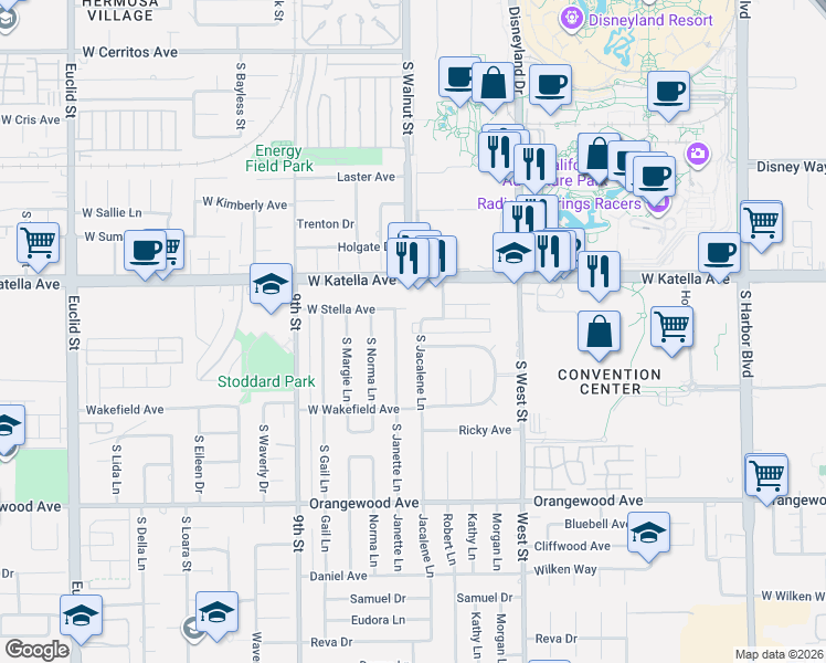 map of restaurants, bars, coffee shops, grocery stores, and more near 1858 South Janette Lane in Anaheim