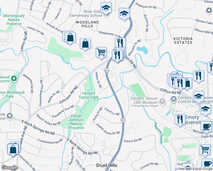 map of restaurants, bars, coffee shops, grocery stores, and more near 1519 Kay Lane Northeast in Atlanta