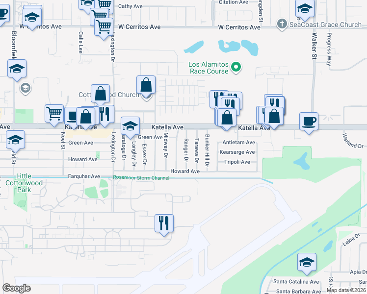map of restaurants, bars, coffee shops, grocery stores, and more near 11091 Ranger Drive in Los Alamitos