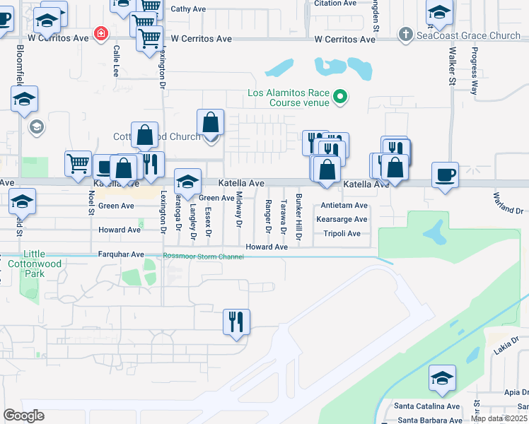 map of restaurants, bars, coffee shops, grocery stores, and more near 11091 Ranger Drive in Los Alamitos