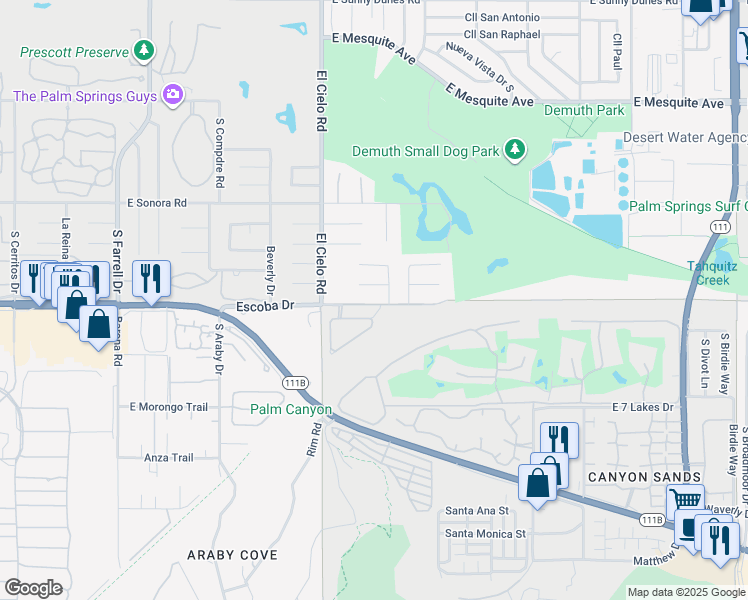 map of restaurants, bars, coffee shops, grocery stores, and more near 3576 Escoba Drive in Palm Springs