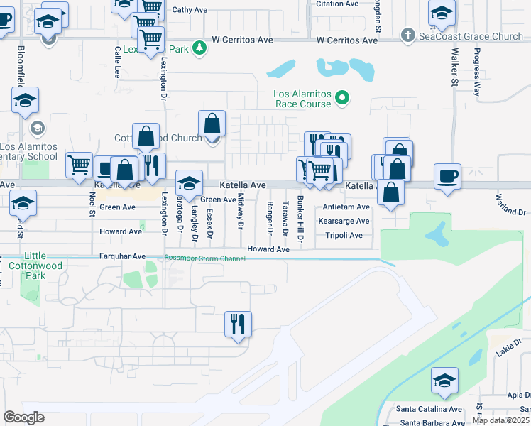 map of restaurants, bars, coffee shops, grocery stores, and more near 11091 Ranger Drive in Los Alamitos