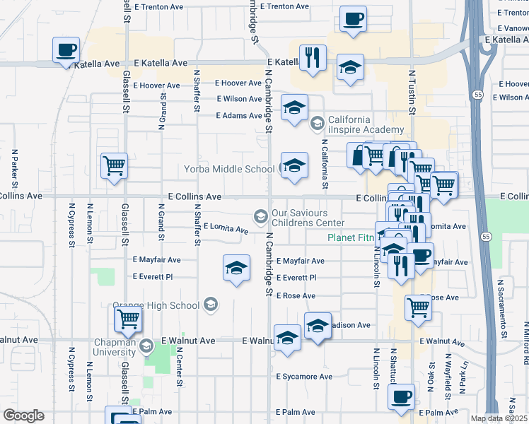 map of restaurants, bars, coffee shops, grocery stores, and more near 864 North Cambridge Street in Orange