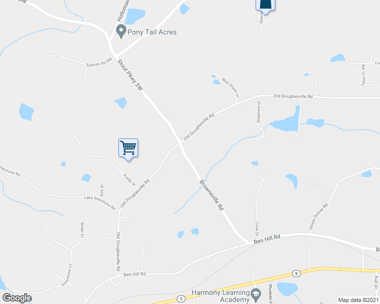 map of restaurants, bars, coffee shops, grocery stores, and more near 6302 Brownsville Road in Lithia Springs