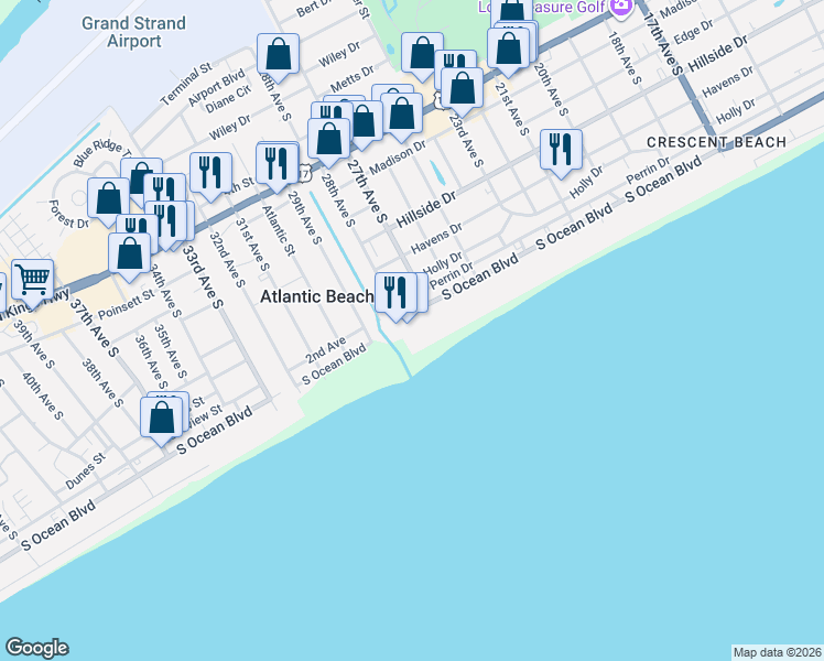 map of restaurants, bars, coffee shops, grocery stores, and more near 2701 South Ocean Boulevard in North Myrtle Beach