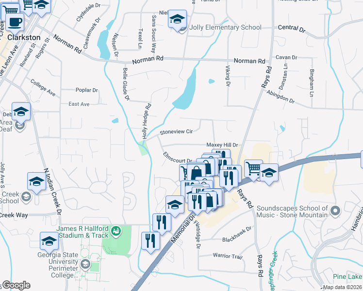 map of restaurants, bars, coffee shops, grocery stores, and more near 4001 Maxey Hill Dr in Stone Mountain
