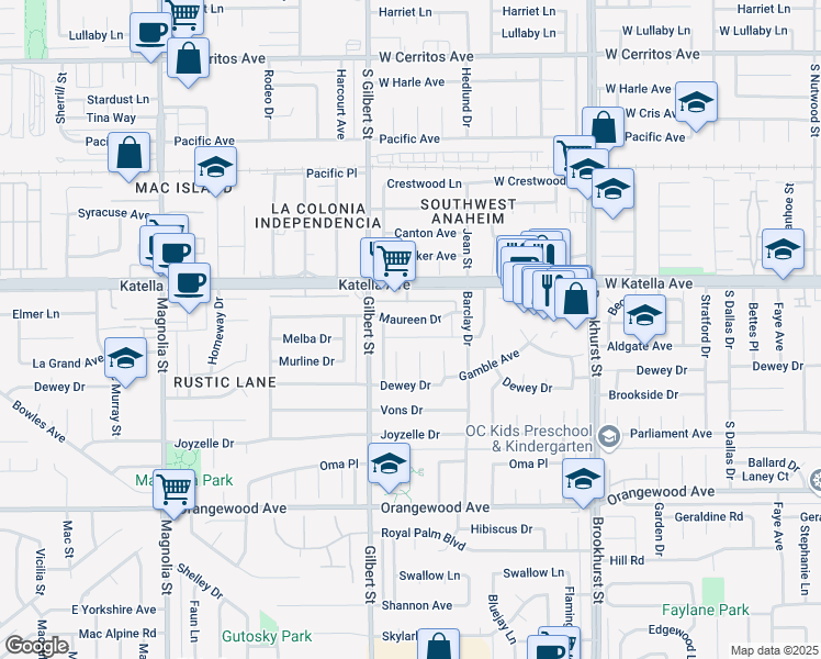 map of restaurants, bars, coffee shops, grocery stores, and more near 11132 Endry Street in Garden Grove
