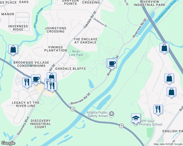 map of restaurants, bars, coffee shops, grocery stores, and more near 1648 Armstrong Place Southeast in Mableton