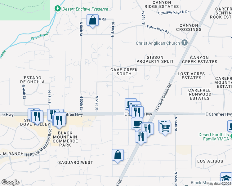 map of restaurants, bars, coffee shops, grocery stores, and more near 34811 North 52nd Street in Cave Creek