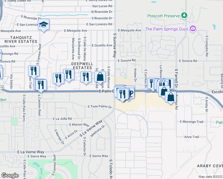 map of restaurants, bars, coffee shops, grocery stores, and more near 1680 East Palm Canyon Drive in Palm Springs