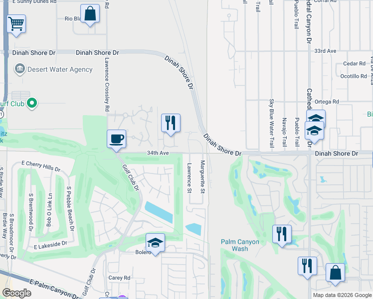 map of restaurants, bars, coffee shops, grocery stores, and more near 1835 Lawrence Street in Palm Springs