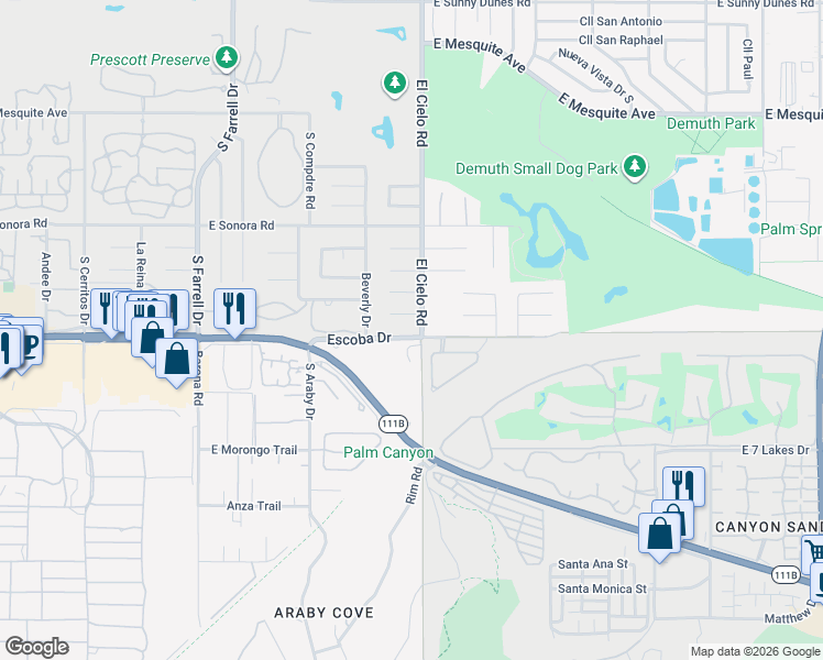 map of restaurants, bars, coffee shops, grocery stores, and more near 1849 El Cielo Road in Palm Springs