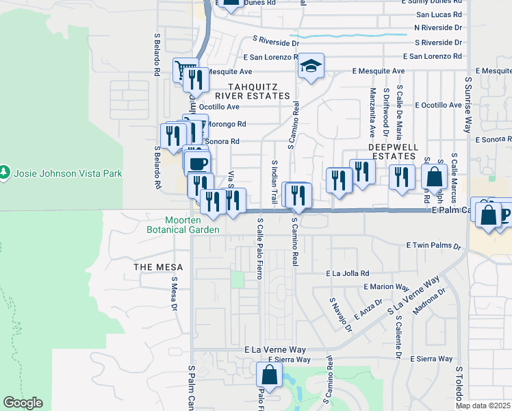 map of restaurants, bars, coffee shops, grocery stores, and more near 555 California 111 Business in Palm Springs