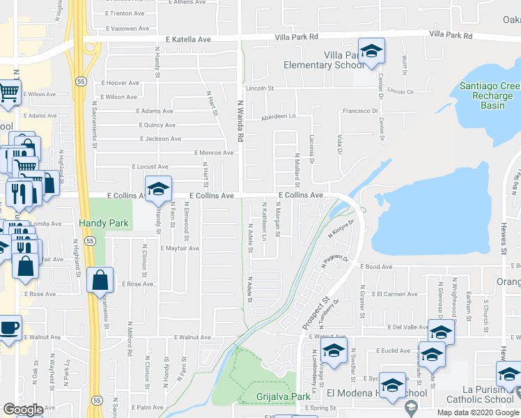 map of restaurants, bars, coffee shops, grocery stores, and more near 820 North Kathleen Lane in Orange