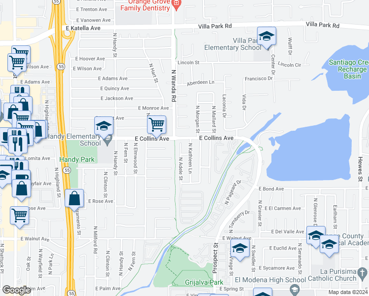 map of restaurants, bars, coffee shops, grocery stores, and more near 820 North Kathleen Lane in Orange