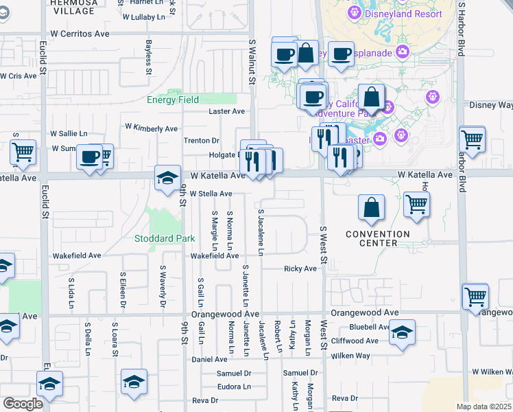 map of restaurants, bars, coffee shops, grocery stores, and more near 1858 South Janette Lane in Anaheim