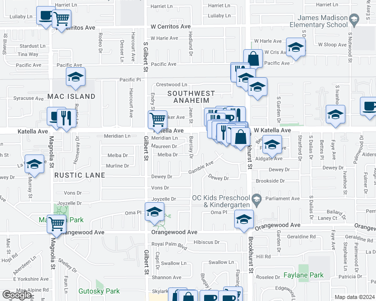 map of restaurants, bars, coffee shops, grocery stores, and more near 11132 Huber Street in Garden Grove