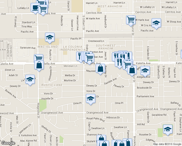 map of restaurants, bars, coffee shops, grocery stores, and more near 11132 Endry Street in Garden Grove