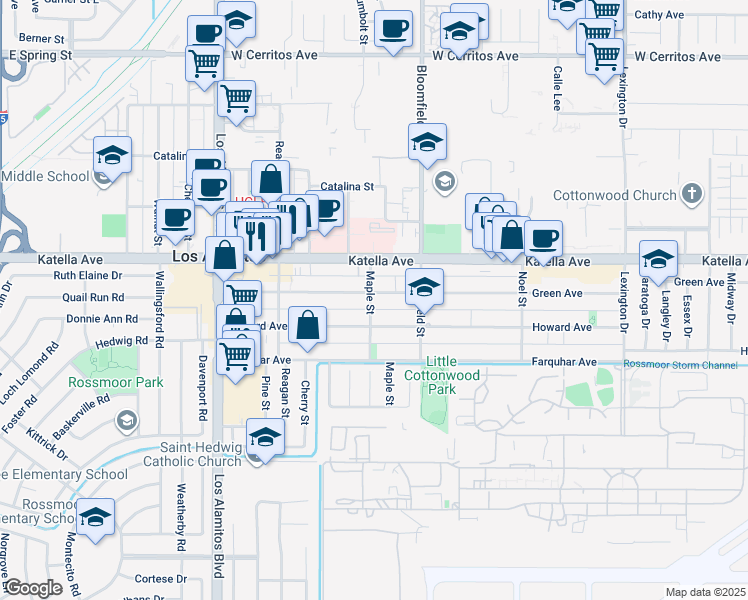 map of restaurants, bars, coffee shops, grocery stores, and more near 3881 Howard Avenue in Los Alamitos