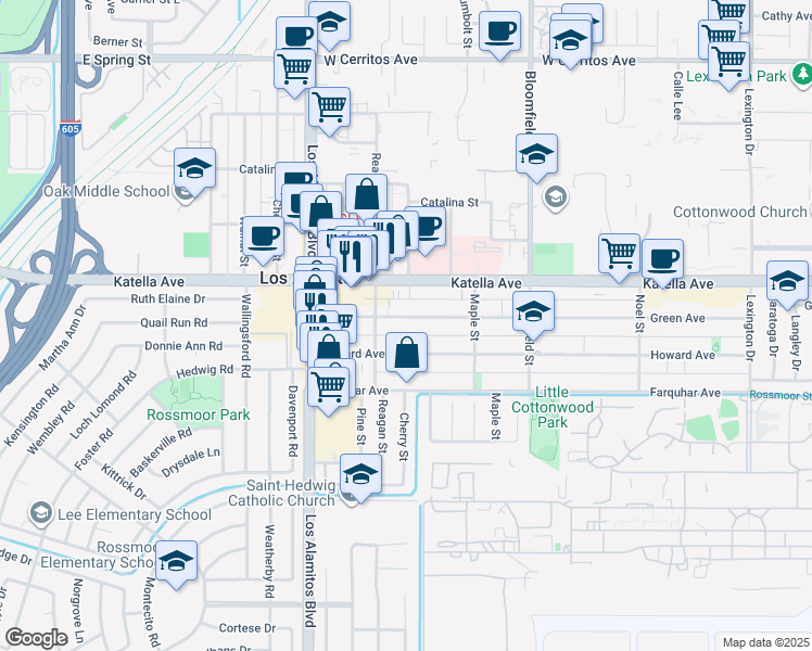 map of restaurants, bars, coffee shops, grocery stores, and more near 3721 Howard Avenue in Los Alamitos