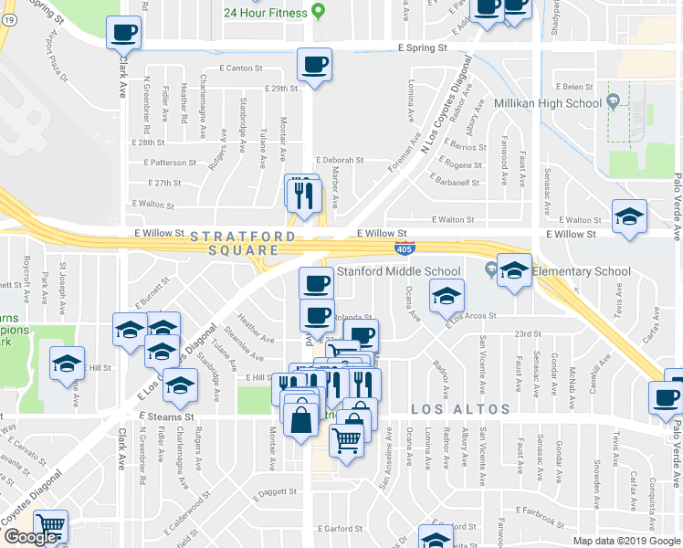 map of restaurants, bars, coffee shops, grocery stores, and more near 2401 Chatwin Avenue in Long Beach
