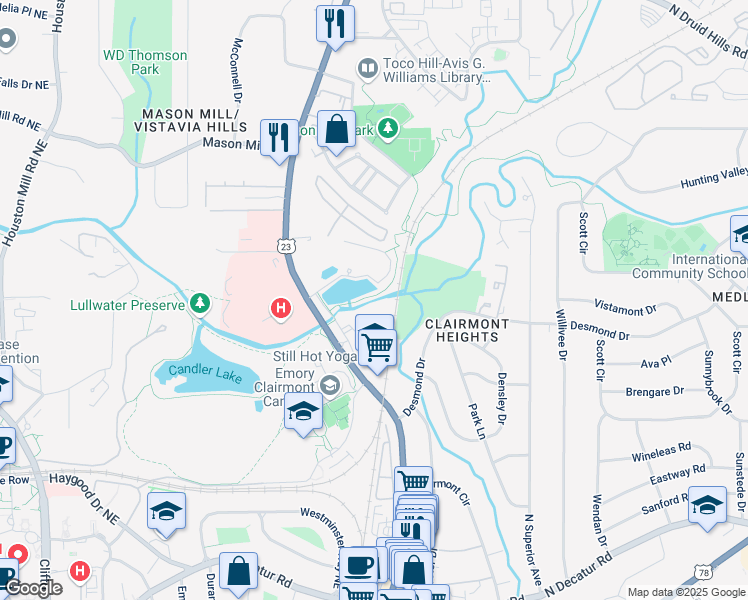 map of restaurants, bars, coffee shops, grocery stores, and more near 210 Carlyle Lake in Decatur